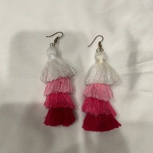 Pink, white, red tassel earrings.